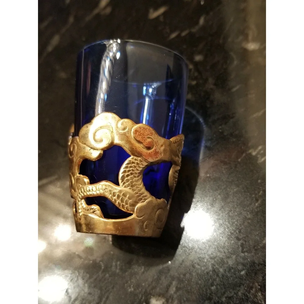 Vintage Blue Shot Glasses & Gold Metalic Holder w Dragon Design Set of 4